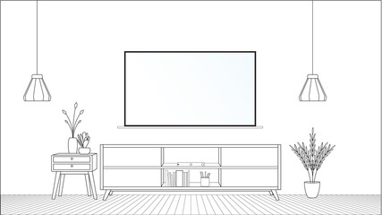 modern living room, A sketch of a living room with a tv and a table with a vase of flowers.