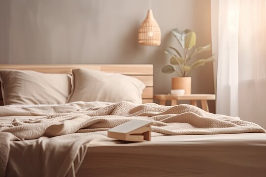 cozy bedroom with a neatly made bed and a comfortable-looking blanket. Generative AI