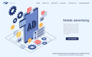 Mobile advertising, internet promotion, marketing modern 3d isometric vector concept illustration. Landing page design template