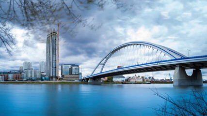 Old Bridge, or Starý most over the Danube, dedicated pedestrian and cycle paths with views of Old Town skyline in Bratislava, Slovakia