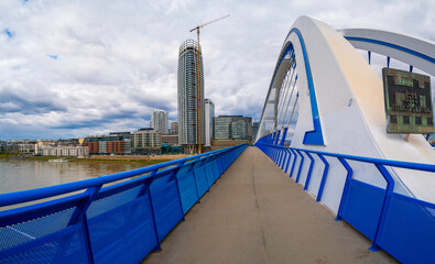 Naklejka premium Old Bridge, or Starý most over the Danube, dedicated pedestrian and cycle paths with views of Old Town skyline in Bratislava, Slovakia