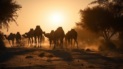 Fototapeta na wymiar A group of camels are silhouetted against a sunset sky.generative ai