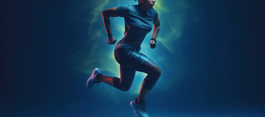 Fototapeta na wymiar A woman in a running suit with a light blue background.generative ai