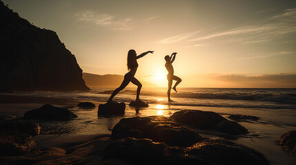 A couple walking on a beach with the sun setting behind them.generative ai