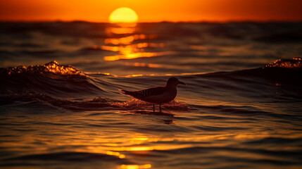 A seagull stands in the water at sunset.generative ai