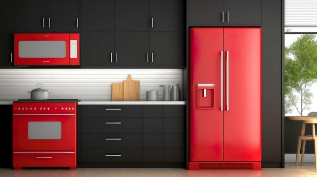 Modernes K&uuml;chendesign in Schwarz, mit rotem K&uuml;hlschrank und Herd. Generative mit AI