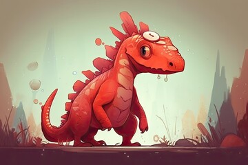 friendly red dinosaur standing in a grassy field. Generative AI