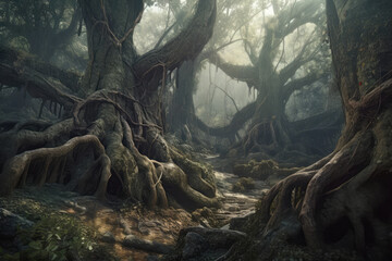 Trees with twisted roots in fantasy forest. Generative AI illustration