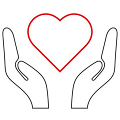 Red heart between black hands icon, flat style vector illustration object for care, love, valentine, health, charity, save, web, app, mobile, label, logo, sticker, stamp, UI. Isolated background.