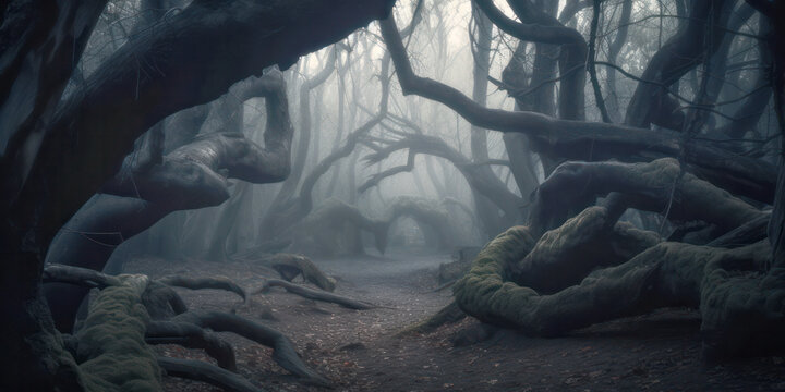 Dark fantasy forest with creepy trees. Generative AI illustration