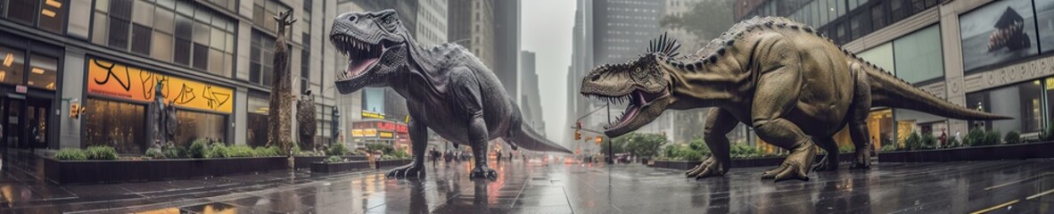 Fototapeta premium tyrannosaurus rex dinosaurs rampaging in NYC