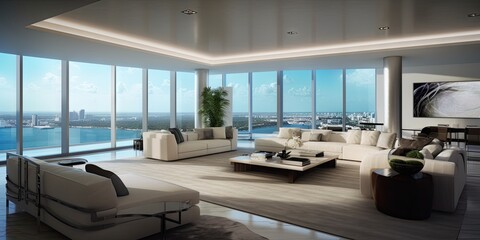 Fototapeta na wymiar Modern living room with large windows showing the cityscape skyline outside