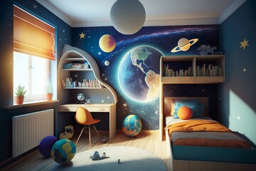 Farbenfrohe Kinderzimmergestaltung mit Sternen und Planeten an Decke und Wand. Generative mit AI