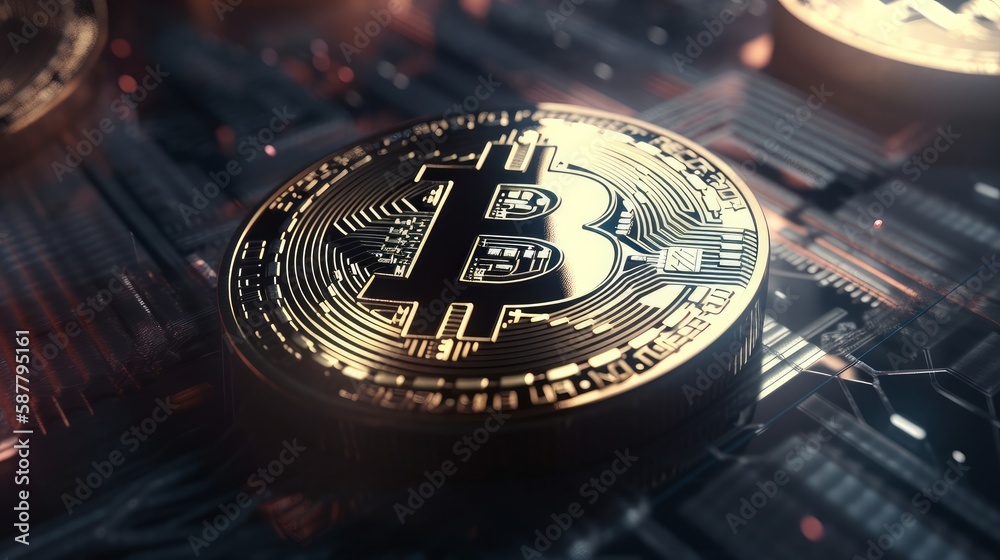 Aufkleber Bitcoin crypto currency. BTC coins on black background. Blockchain technology, Bitcoin mining concept. Generative ai