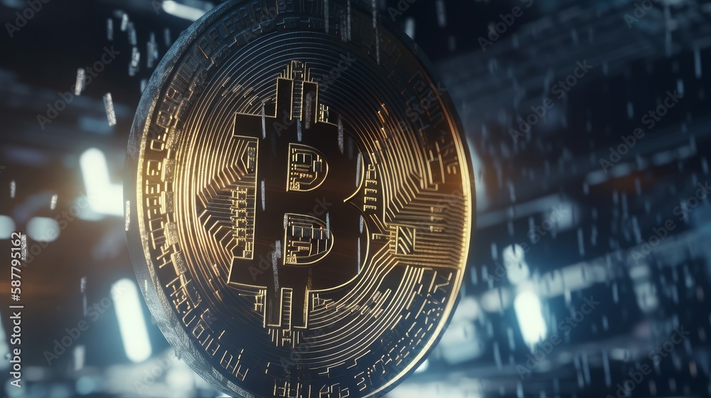 Poster bitcoin crypto currency. btc coins on black background. blockchain technology, bitcoin mining concep