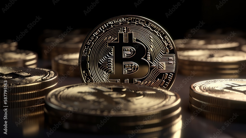 Aufkleber Bitcoin crypto currency. BTC coins on black background. Blockchain technology, Bitcoin mining concept. Generative ai