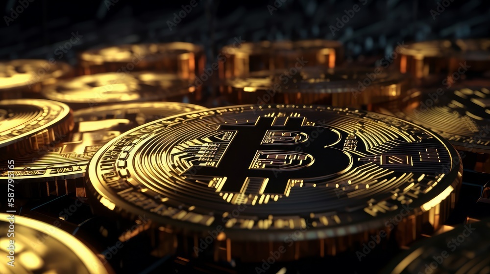 Aufkleber Bitcoin crypto currency. BTC coins on black background. Blockchain technology, Bitcoin mining concept. Generative ai