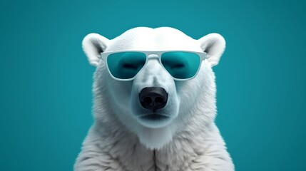Polar Bear wearing sunglasses on a solid color background, digital art, faceted. Generative AI