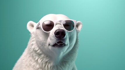 Polar Bear wearing sunglasses on a solid color background, digital art, faceted. Generative AI