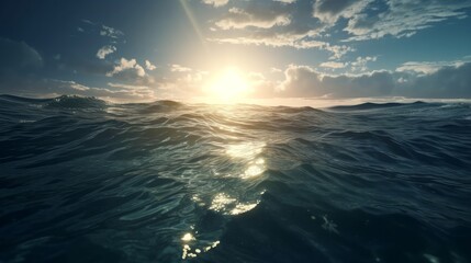 Obraz premium Flying over the Ocean during golden hour. Giant waves foaming and splashing in the ocean. Generative ai