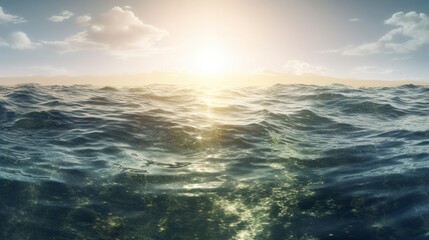 Fototapeta premium Flying over the Ocean during golden hour. Giant waves foaming and splashing in the ocean. Generative ai