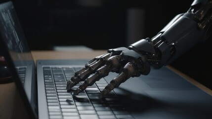 Robotic hand pressing a keyboard on a laptop 3D rendering. Generative ai