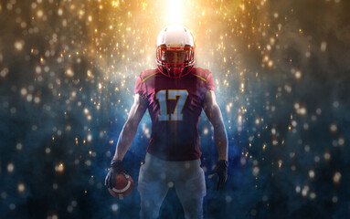 Fototapeta premium American football player. Template for bookmaker ads with. Mockup for banner with betting advertisement. Sports betting, football betting, gambling, bookmaker, big win