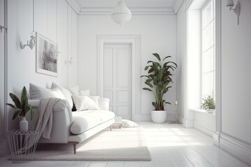 minimalist living room with a white couch and a green potted plant. Generative AI