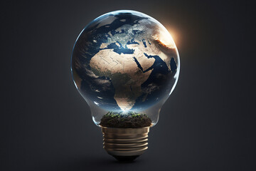 Earth inside a light bulb. Global ideas. Generative AI.