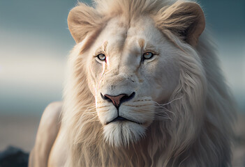 A close up picture of a white lion with a blurry background,Generative AI