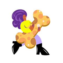 a woman carries a big bone for a dog. pet products vector