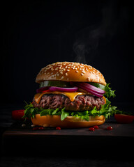 hamburger on a wooden table