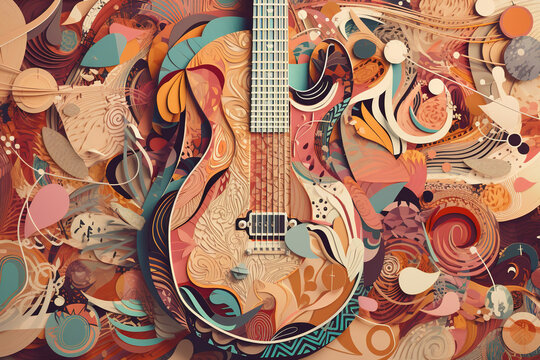 Collage artwork of a guitar, merging contemporary style with musical motifs
