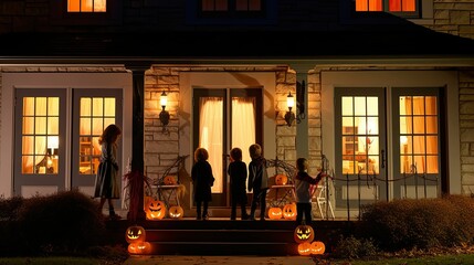 Naklejka premium A group of children knocking at a house door for halloween. Generative AI illustration.