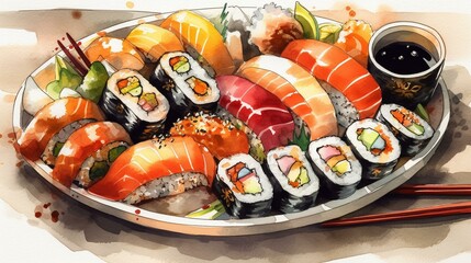 Create a mouth-watering and flavorful watercolor painting of a plate of fresh sushi on a white background, using bold colors and intricate detailing to convey its freshness and var Generative AI