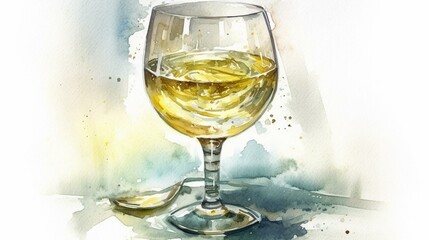 Illustrate a refreshing and crisp watercolor painting of a chilled glass of white wine on a white background, using soft colors and delicate brushstrokes to convey its lightness an Generative AI