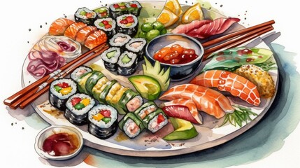 Fototapeta na wymiar Create a mouth-watering and flavorful watercolor painting of a plate of fresh sushi on a white background, using bold colors and intricate detailing to convey its freshness and var Generative AI