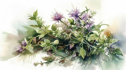 Create a beautiful and fragrant watercolor painting of a bouquet of fresh herbs on a white background, using delicate brushstrokes and soft colors to convey their aroma and vibranc Generative AI