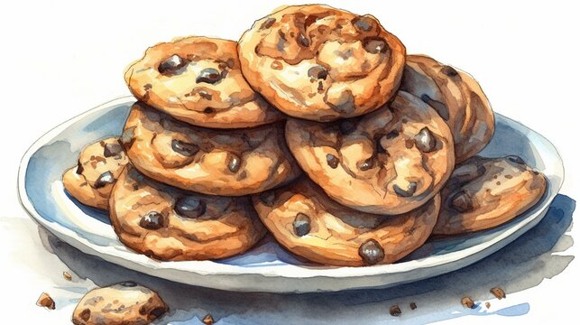 Illustrate a sweet and comforting watercolor painting of a plate of warm chocolate chip cookies on a white background, using soft colors and gentle brushstrokes to convey their goo Generative AI