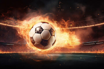 Action-packed soccer ball with flames in a stadium setting - obrazy, fototapety, plakaty