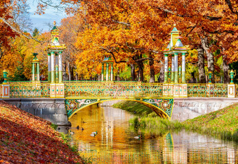 Chinese bridge in autumn in Alexander park, Pushkin (Tsarskoe Selo), St. Petersburg, Russia