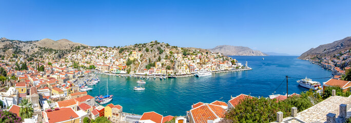 Symi town cityscape, Dodecanese islands, Greece - obrazy, fototapety, plakaty