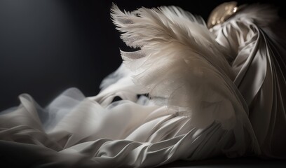 Fototapeta premium a white dress with feathers on it is laying down on a bed. generative ai