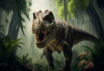Tyrannosaurus Rex in the cave. 3D illustration. generative ai