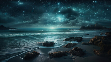beach covered in lots of Light Blue rocks under a night sky. Generative Ai