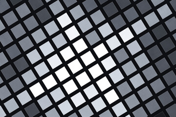 Gray mosaic pattern of small squares on a black background. Abstract fractal 3D rendering