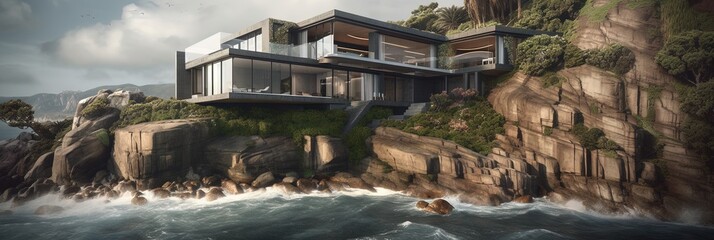 a luxurious house on a cliff near the ocean shore