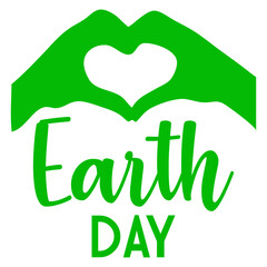 Logo con letras palabra Earth Day en texto manuscrito con silueta de manos haciendo forma de coraz&oacute;n	