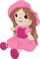Obraz na płótnie Canvas Illustration of a doll in a pink dress and slip. Cute doll who sits. Isolated on a white background