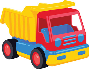 Illustration of a child's toy in the form of a truck. Children's dump truck isolated on white background